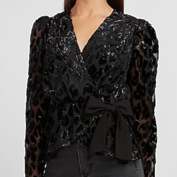 EXPRESS Metallic Leopard Wrap Front Bow Top Small - Picture 10 of 10
